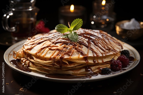 Crepes plate with chocolate syrup and isolated banana slices on the white surface, generative IA