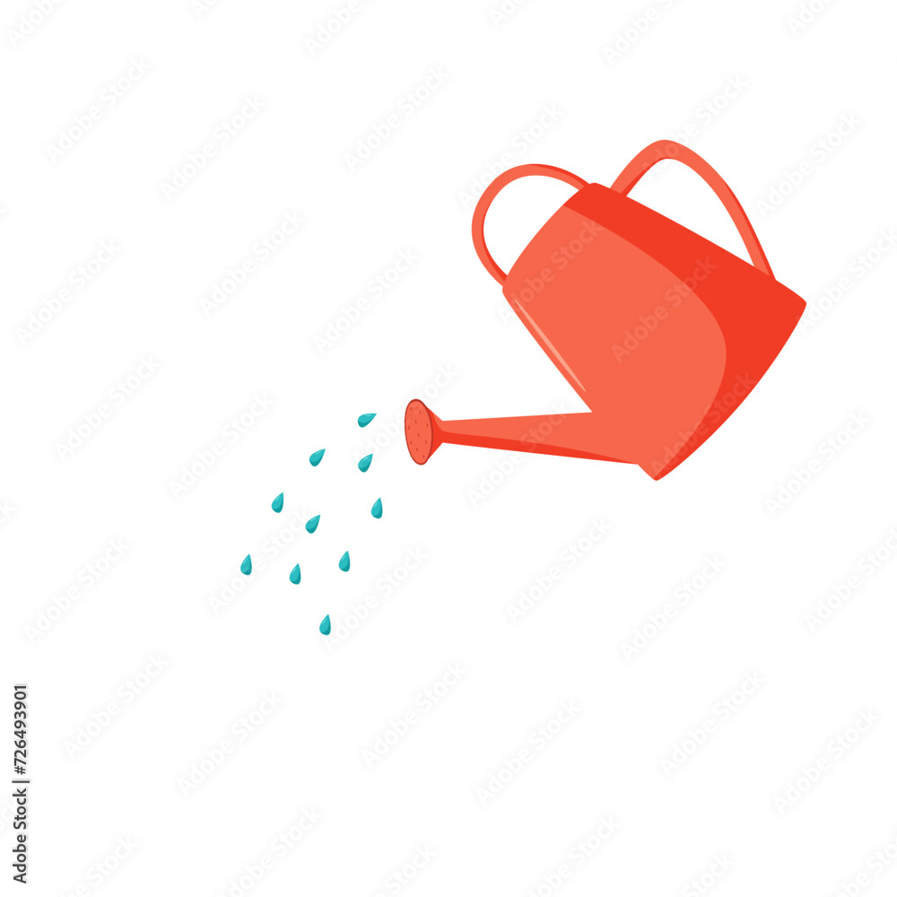 Obraz premium Watering can and water drops. Watering plants, garden tools. Cartoon vector illustration on a white background.