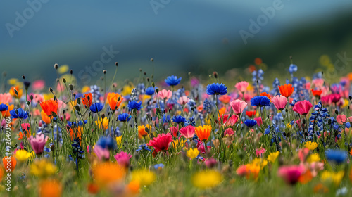 A meadow in full bloom, with a carpet of wildflowers as the background, during the arrival of migratory birds © CanvasPixelDreams