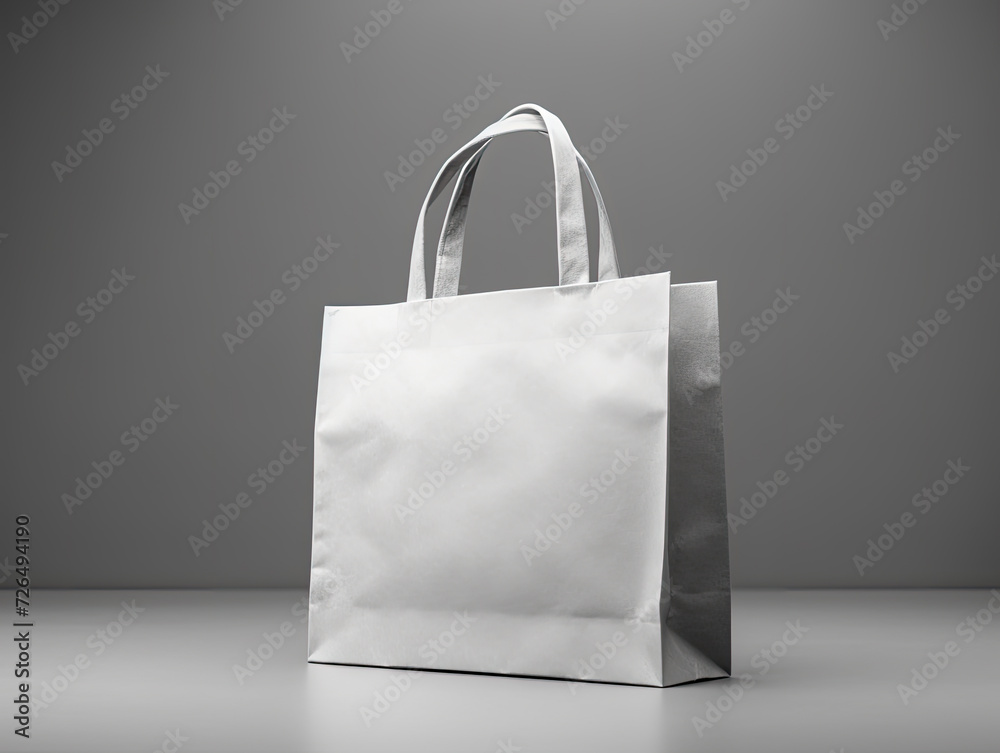 Blank Gray Shopping Bag with Handles on Gray Background - Generative AI Blank Gray Shopping Bag with Handles on Gray Background - Generative AI
