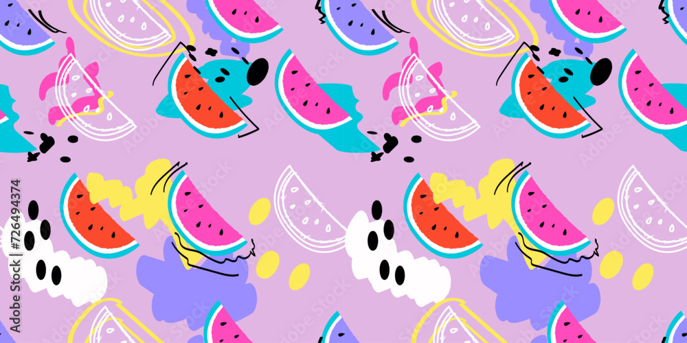 Abstract red sweet watermelon pattern. Trendy fashion fruit background.  Great for fabric, drawing labels, print on t-shirt, wallpaper of children's room.