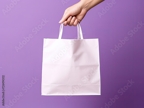Hand Holding Blank White Tote Bag Against Purple Background - Generative AI
