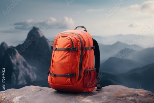Close up tourist backpack on the rocks against the backdrop of mountains and river. Wellbeing lifestyle, travel and tourism concept with copyspace for text