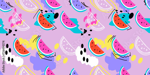 Abstract red sweet watermelon pattern. Trendy fashion fruit background. Great for fabric, drawing labels, print on t-shirt, wallpaper of children's room.