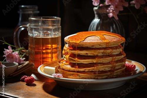 Side of pancakes with jelly glass jar and glass of orange juice on wooden bottom, generative IA