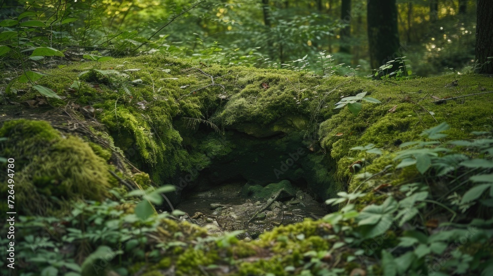 A moss covered cave nestled in the middle of a forest. Perfect for nature lovers and adventurers A moss covered cave nestled in the middle of a forest. Perfect for nature lovers and adventurers
