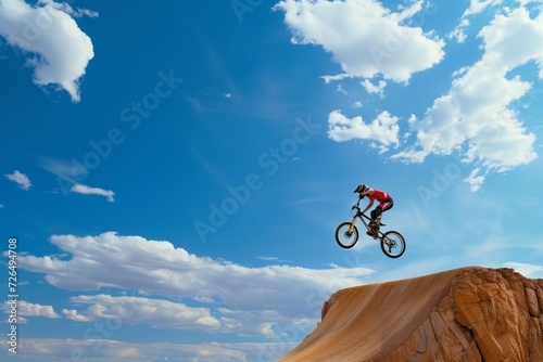 biker performing a jump over a natural ramp  sky backdrop