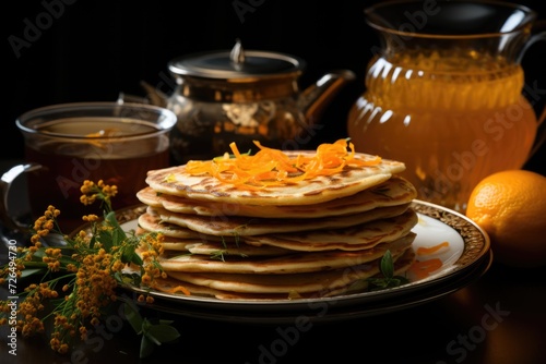 Upper view of pancakes with slices of kumquat on the plate and orange lemon in clo, generative IA