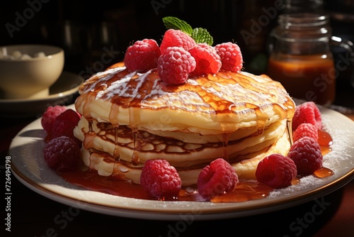 Upper view of fresh pancakes with raspberries and powdered sugar on a plate on the  generative IA