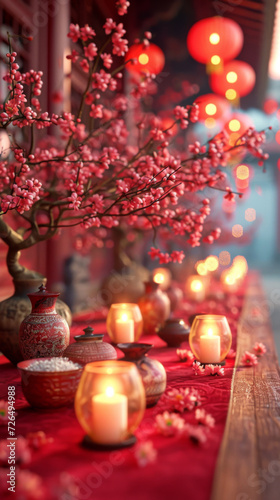 Chinese lanterns on red table with candles lighting up.