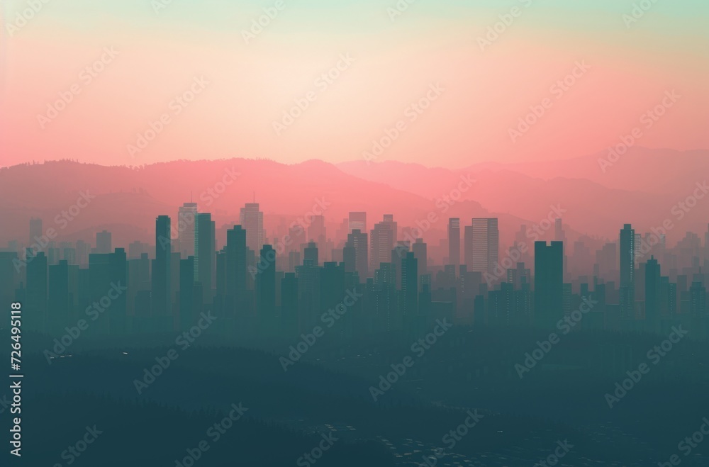 Amidst the ethereal fog, towering skyscrapers blend with the majestic mountains in a cityscape that spans from sunrise to sunset