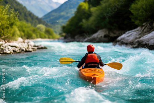 An adventurous kayaker in a bright orange kayak navigates the turbulent turquoise waters of a mountain river, surrounded by lush greenery.
