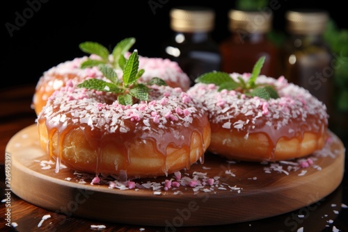 Closeup Shot of two fresh sugar donuts on a wooden plate, generative IA