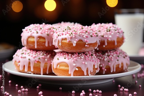 Donat decorated sprinkles and icing in white plate in pink background. concept of , generative IA