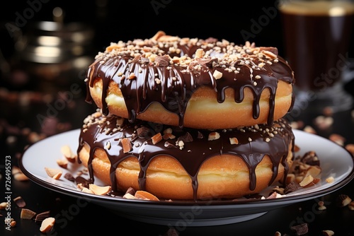 Donut with chocolate topping and confectionery generated by AI, generative IA