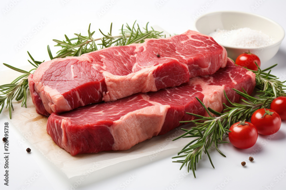 Piece of fresh appetizing beef with spices and rosemary on a white background Piece of fresh appetizing beef with spices and rosemary on a white background