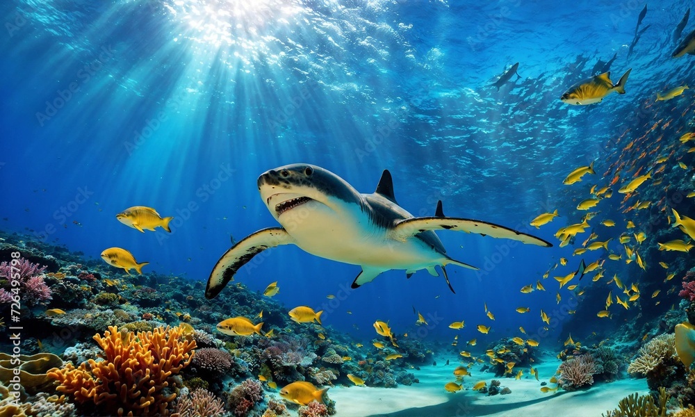 Fototapeta premium Tropical sea underwater fishes on coral reef