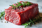 Piece of fresh appetizing beef with spices and rosemary on a white background