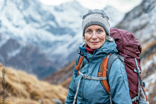 Middle-Aged Female Hiker in Mountains. Generative AI