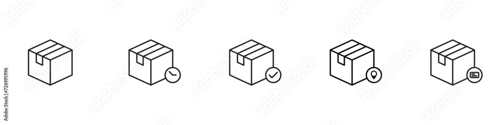 Delivery box icon set. Shopping package box. Cardboard box icons in flat style. Vector illustration. Delivery box icon set. Shopping package box. Cardboard box icons in flat style. Vector illustration.