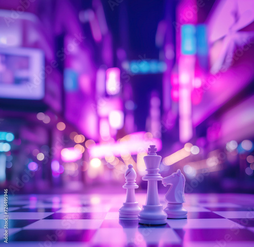 Strategic match at play. Chess pieces under neon city lights showcase the game's urban popularity and cerebral charm