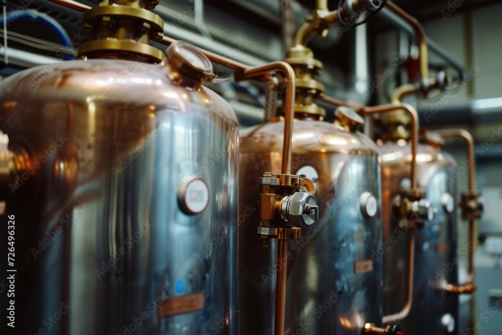 A row of copper tanks sitting next to each other. Perfect for industrial and manufacturing concepts