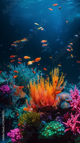 A colorful community of marine life thrives in the underwater wonderland of a vibrant coral reef  surrounded by seaweed and sparkling water in an aquarium adorned with aquatic decor