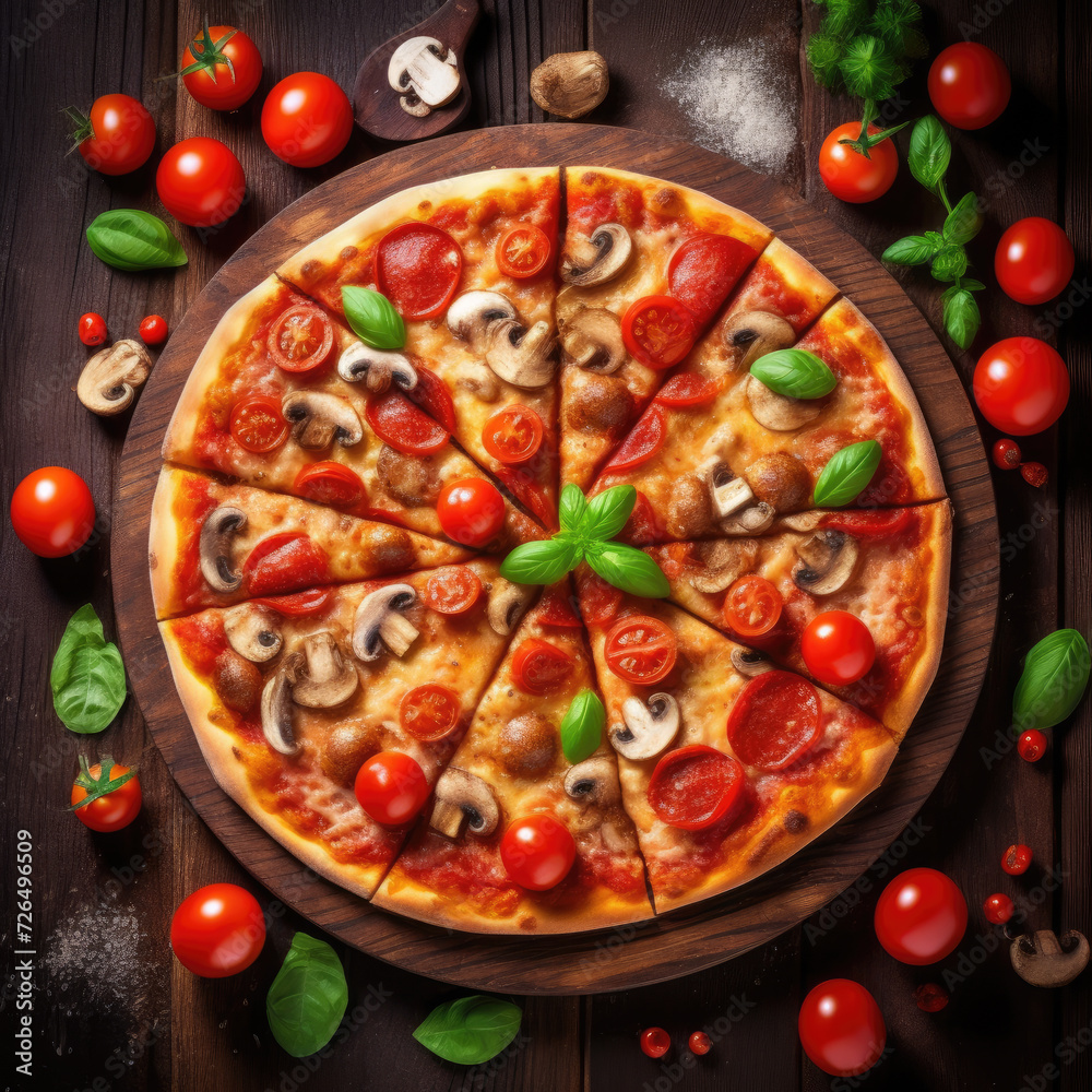 Delicious Pizza with Fresh Toppings on a Rustic Wooden Table - Generative AI