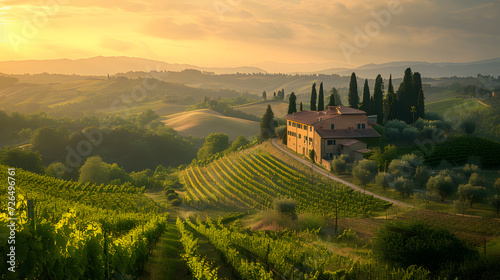 A Tuscan hillside  with terraced vineyards as the background  during the golden hour