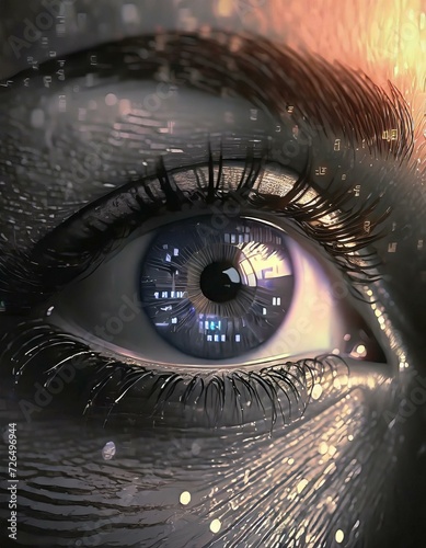 close-up em preto e branco do olho de uma mulher, destacando-se a íris em um tom de azul vibrante detalhes impressionantes cílios rugas sutis ao redor dos olhos reflexos de luz realçam profundidade
 photo