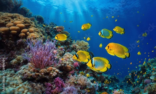 Animals of the underwater sea world. Ecosystem. Colorful tropical fish.