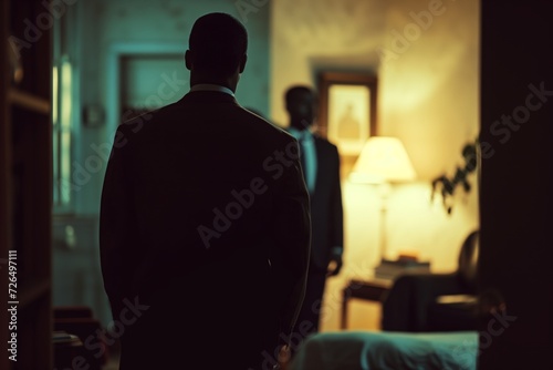 man in suit analyzing suspects response in a lit room photo