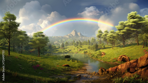 Rainbow Over a Mountain and River - Generative AI