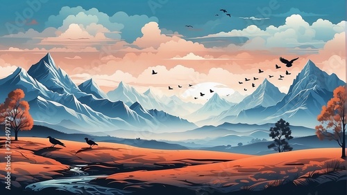 Natural landscape silhouetted hills  mountains and birds  with cold weather vectors and ilustrations 