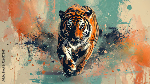 Colorful cool looking tiger running toward camera in mixed grunge colors comic style illustration.