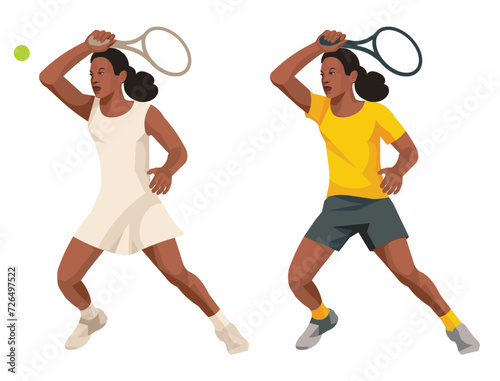 Girl figures of a African women's tennis player in a yellow shirt and a white dress serve the ball © ivnas