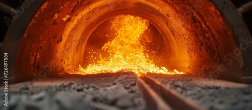 Flame in rotary kiln heating mode in cement plant, up close.