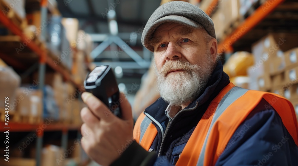 A man is seen holding a cell phone in a warehouse. This image can be used to depict technology, communication, or business in an industrial setting A man is seen holding a cell phone in a warehouse. This image can be used to depict technology, communication, or business in an industrial setting