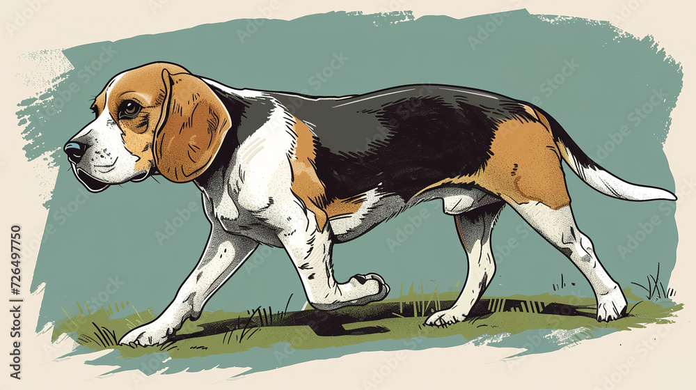 Cool looking beagle dog walking in minimal comic style illustration.