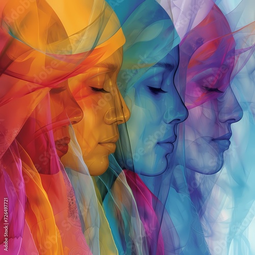 Rostos sobrepostos em cores vibrantes e harmonia de quatro mulheres photo