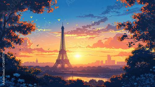 Beautiful scenic view of Eiffel tower in France during sunrise in landscape comic style.