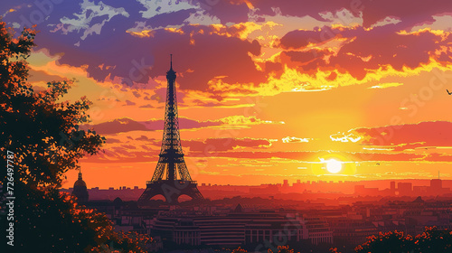 Beautiful scenic view of Eiffel tower in France during sunrise in landscape comic style.