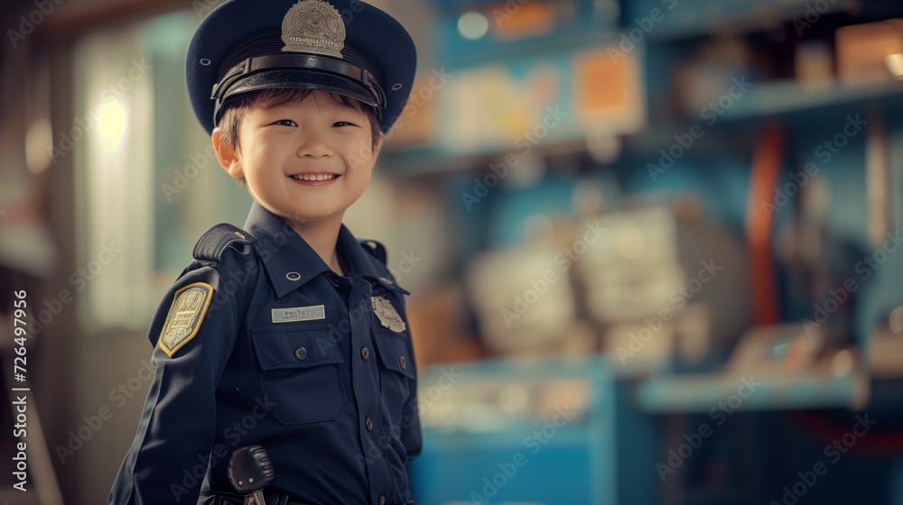 Smiling Asian Kid as Police Officer A cheerful child dressed in a police officer uniform, Dream job of serving and protecting their community. With a bright smile and a confident pose, Smiling Asian Kid as Police Officer A cheerful child dressed in a police officer uniform, Dream job of serving and protecting their community. With a bright smile and a confident pose,