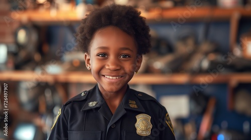 Smiling African-American Kid as Police Officer A cheerful child dressed in a police officer uniform, Dream job of serving and protecting their community. With a bright smile and a confident pose, photo