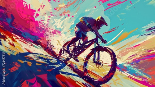 Artistic artwork of man riding mountain bike on abstract layout