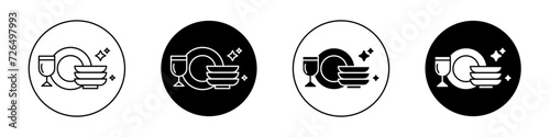Clean Tableware Icon set. Kitchen Sink Hygiene Dishwasher Vector Symbol in Black Filled and Outlined Style. Utensil Cleaning Efficiency Sign.