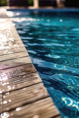A detailed view of a wooden dock floating in a pool. Ideal for water-themed projects