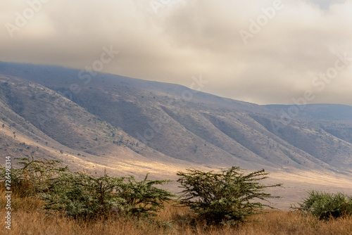 View of the Ngorongoro crater in Tanzania. Ngorongoro conservation area. African landscape. WIld nature