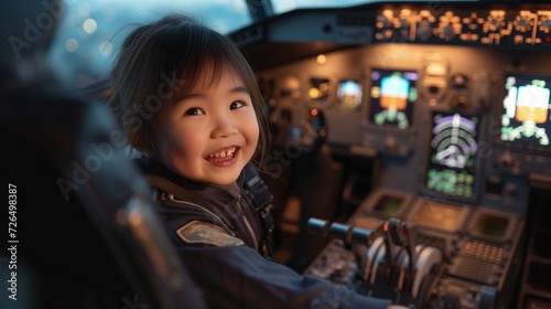 Happy Asian Kid as Airplane Captain joyful child dressed in a pilot suit poses inside the plane's cockpit, dreaming of their future job as an airplane captain. With a beaming smile of excitement,