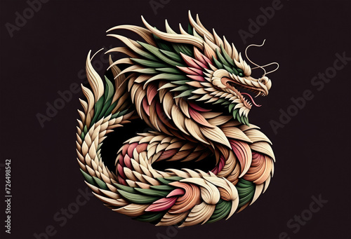 Chinese dragon with abstract triangle design in pastel colors on dark background symbol of 2024 year. Minimal geometric style
